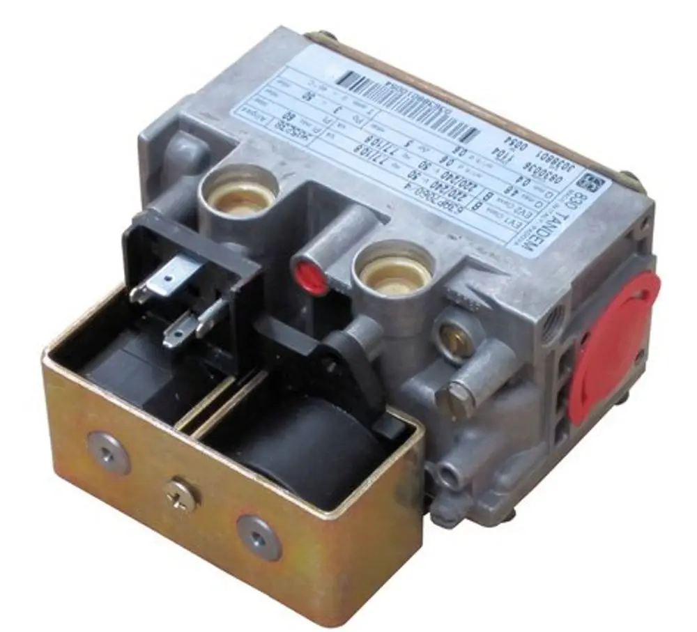 Bosch Armatur mit metallischem Gehäuse, mehreren Anschlüssen und einer roten Kennzeichnung. Einsatz in der Regelung von Heiz- oder Brennsystemen.